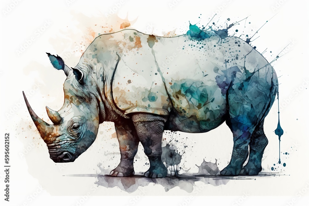 Fototapeta premium Watercolor rhino illustration white background,Generative AI