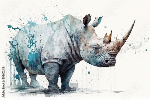 Watercolor rhino illustration white background Generative AI