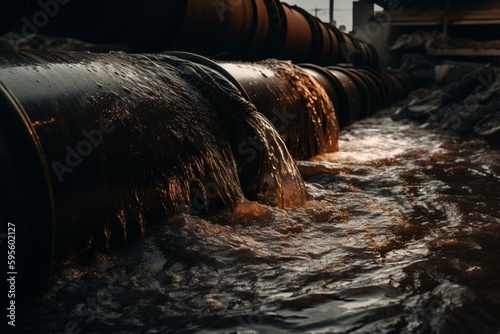 Toxic discharge flows from pipe into waterway. Generative AI