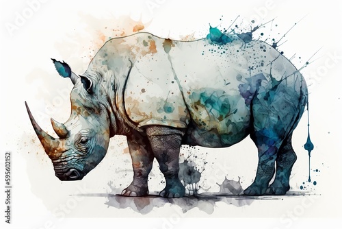 Watercolor rhino illustration white background Generative AI