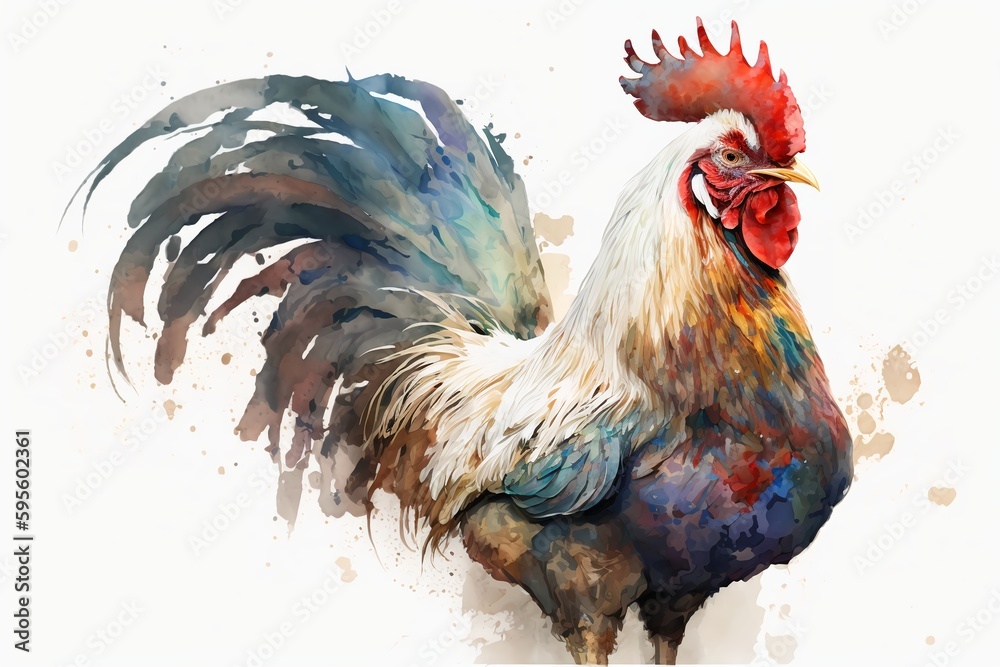 Fototapeta premium Watercolor rooster illustration white background,Generative AI