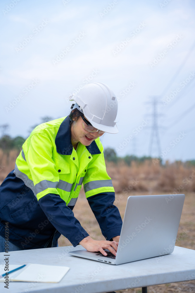 A female electrical engineers checking location using a notebook computer standing at power station to view the planning work by producing electrical energy at high voltage electrodes. Vertical image. A female electrical engineers checking location using a notebook computer standing at power station to view the planning work by producing electrical energy at high voltage electrodes. Vertical image.