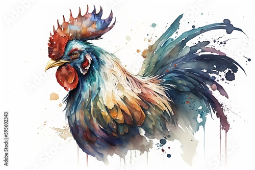 Watercolor rooster illustration white background,Generative AI