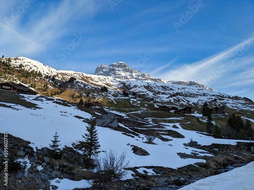 View of the Sulzfluh mountain. Spring ski tour in St. Ant  nien. View towards Partnun Graub  nden. Mountaineering in the R  tikon. High quality photo.