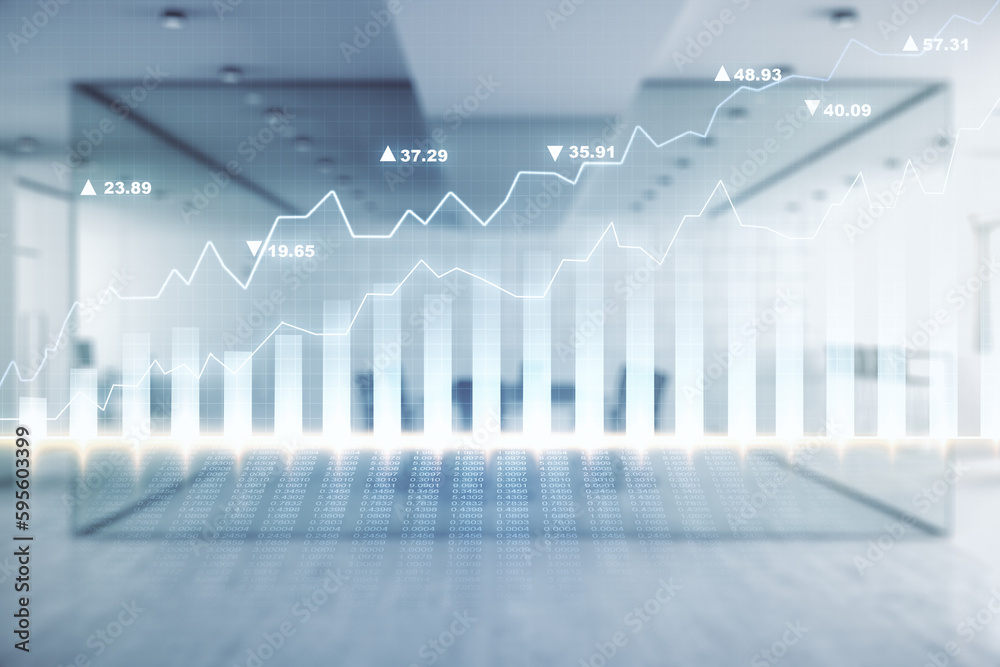 Multi exposure of virtual abstract financial graph interface on a modern furnished classroom background, financial and trading concept Multi exposure of virtual abstract financial graph interface on a modern furnished classroom background, financial and trading concept