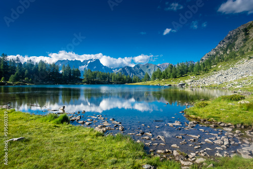 Beautiful view of Lake Arpy and Mont Blanc,  Italy