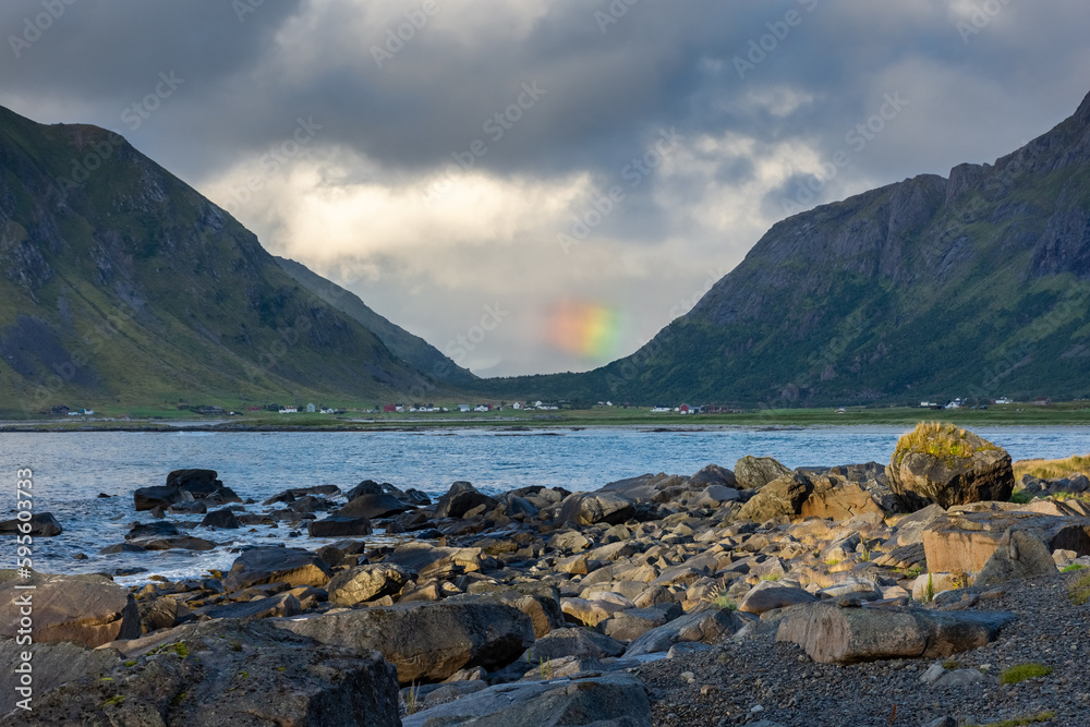 Beautiful rainbow over the Lofoten  Islands, Norway