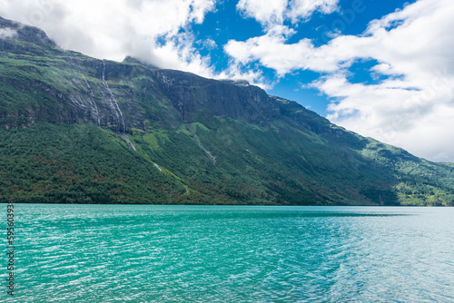 Landscape of the Lovatnet glacial lake with turquoise crystal clear water   Norway