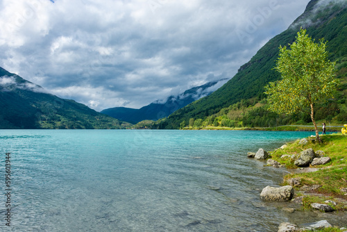 Fototapeta Naklejka Na Ścianę i Meble -  Landscape of the Lovatnet glacial lake with turquoise crystal clear water,  Norway