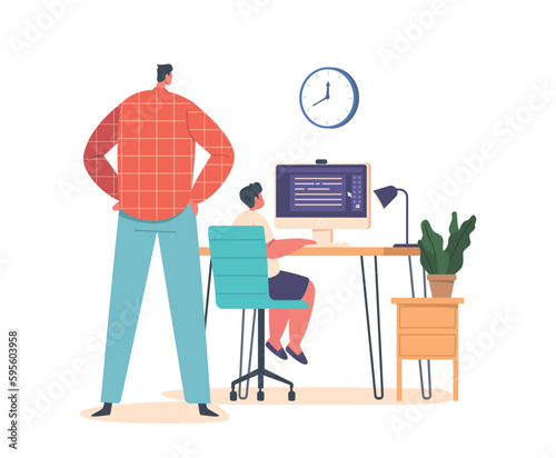 Father Character Watch Over Son Computer Use Monitoring Activity And Ensuring Safe Browsing, Vector Illustration