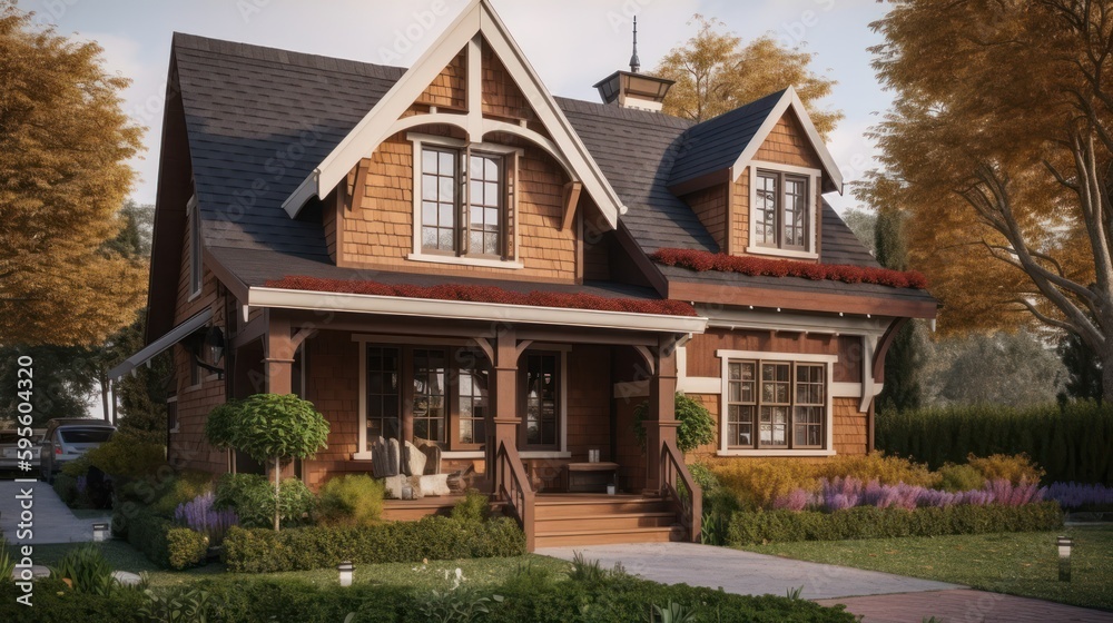 Cottage exterior house design in daytime golden hour generative ai