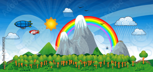 Disegno infantile di un paesaggio dai colori brillanti