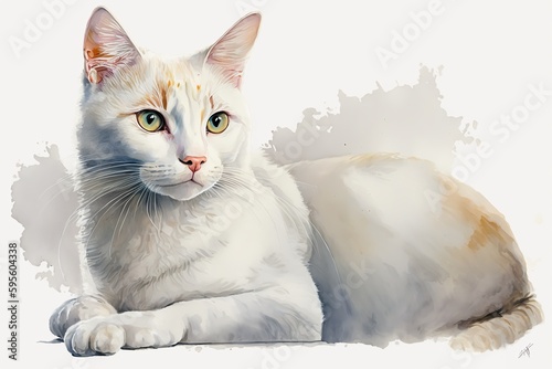 Watercolor white cat illustration white background,Generative AI