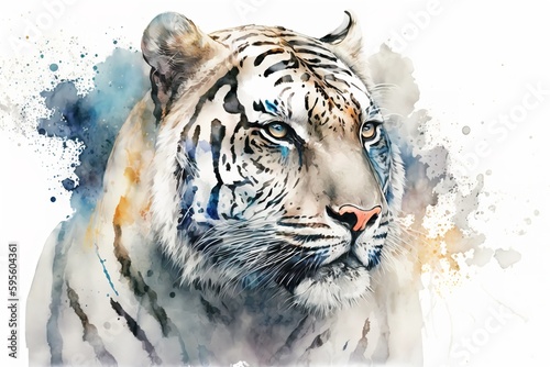 Watercolor white tiger illustration white background,Generative AI