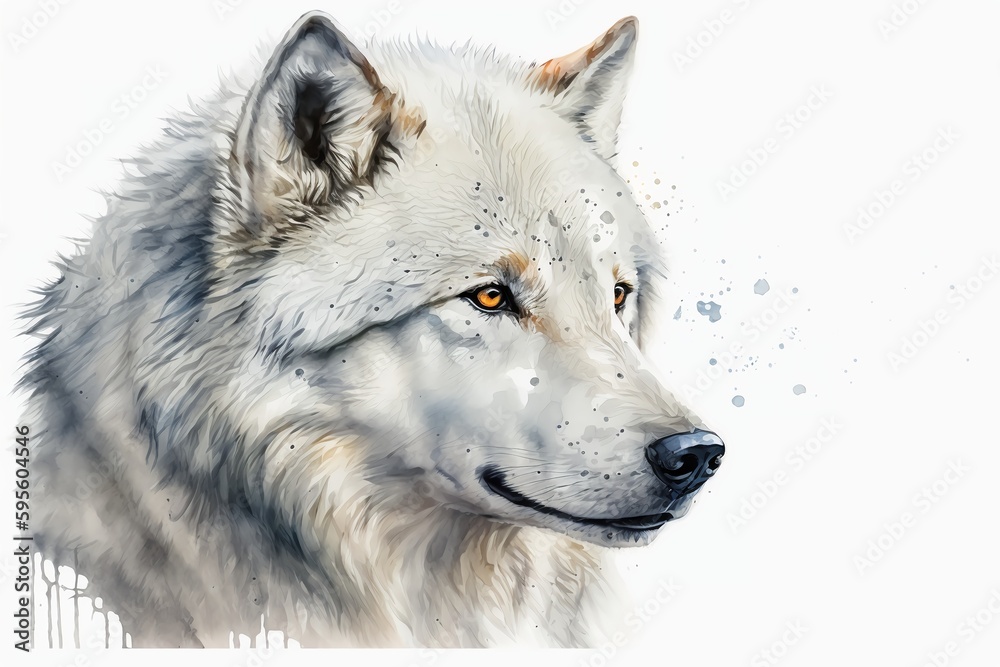 Obraz premium Watercolor white wolf illustration white background,Generative AI