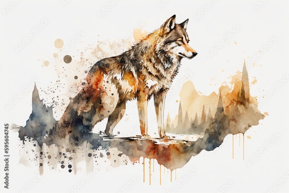 Fototapeta Watercolor white wolf illustration white background,Generative AI