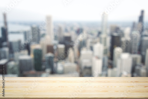 Blank wooden table top with beautiful blurry skyline at daytime on background  mockup