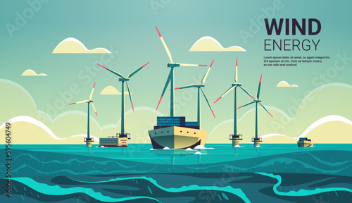 offshore wind farm with turbines and ship in sea or ocean renewable water station energy production alternative power generation