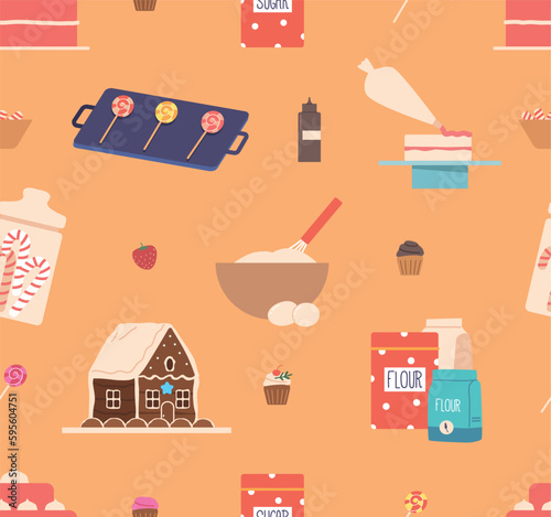 Pastry Ingredients Seamless Pattern with Flour, Butter, Sugar, Eggs, And Milk. Design Creates A Repetitive Motif