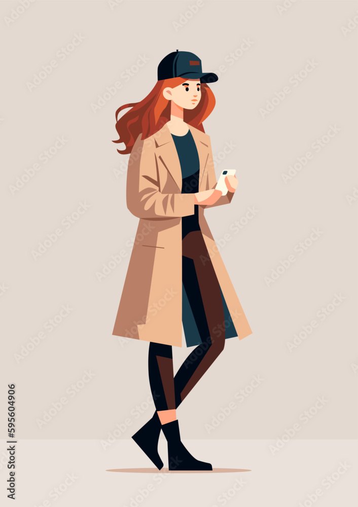cute young girl teenager or student in casual fashion clothes using smarphone female cartoon character standing pose