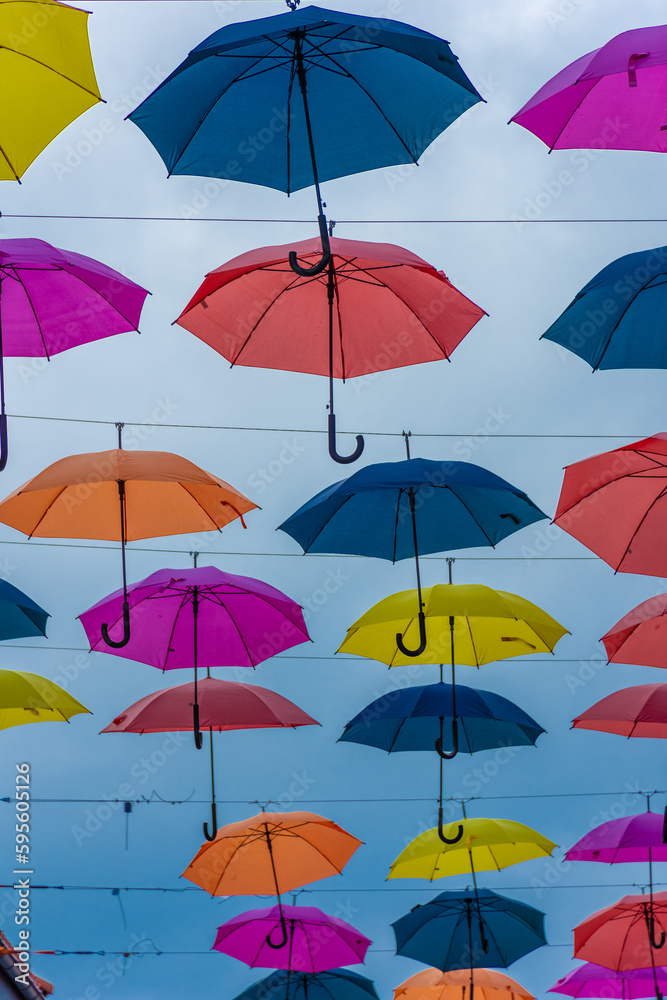 Colorful umbrellas in the city  center of Trondheim, Norway