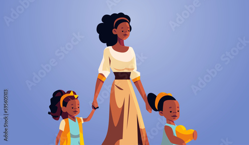 mother and little children walking together mom taking daughters to school or kindergarten motherhood happy family