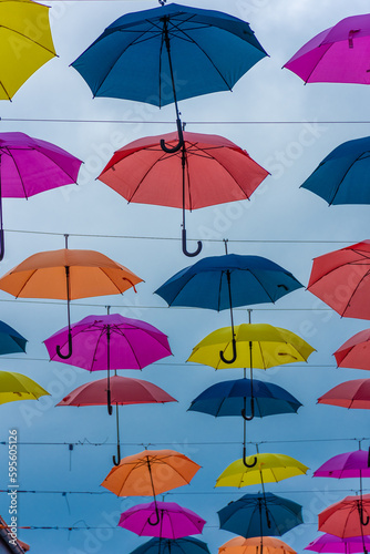 Colorful umbrellas in the city center of Trondheim, Norway