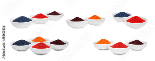 Collage of different powdered food coloring in bowls isolated on white