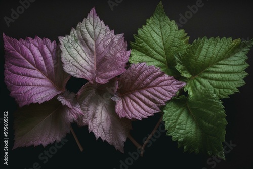 Realistic illustration of perilla leaves (shiso, purple perilla, and green perilla). Generative AI