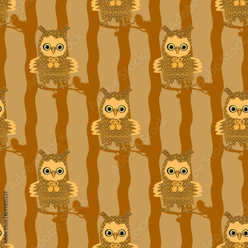 owls. birds in the trees. brown seamless abstract pattern. children's cover, poster.