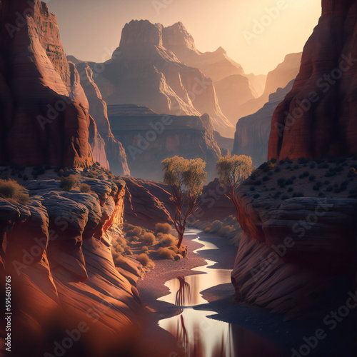 Stunning Canyon Landscape, with its towering Rock formations, winding river, and vibrant vegetation creating a breathtaking natural wonder, generative ai