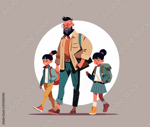 father and little children walking together young dad taking daughters to school or kindergarten fatherhood happy family