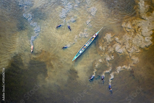 Aerial view of domestic water buffaloes in wetland, Located in Thale Noi, Phatthalung province, Thailand. photo
