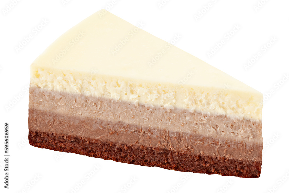 Piece of cheesecake three chocolates isolated on white background, full depth of field