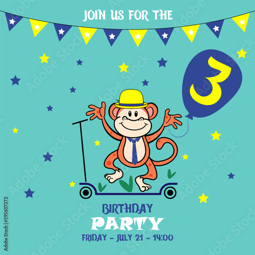 little monkey, children's birthday invitation template with monkey, cute baby girl kids party invitation, birthday invitation, 3 years, join us for the birthday party, baby shower