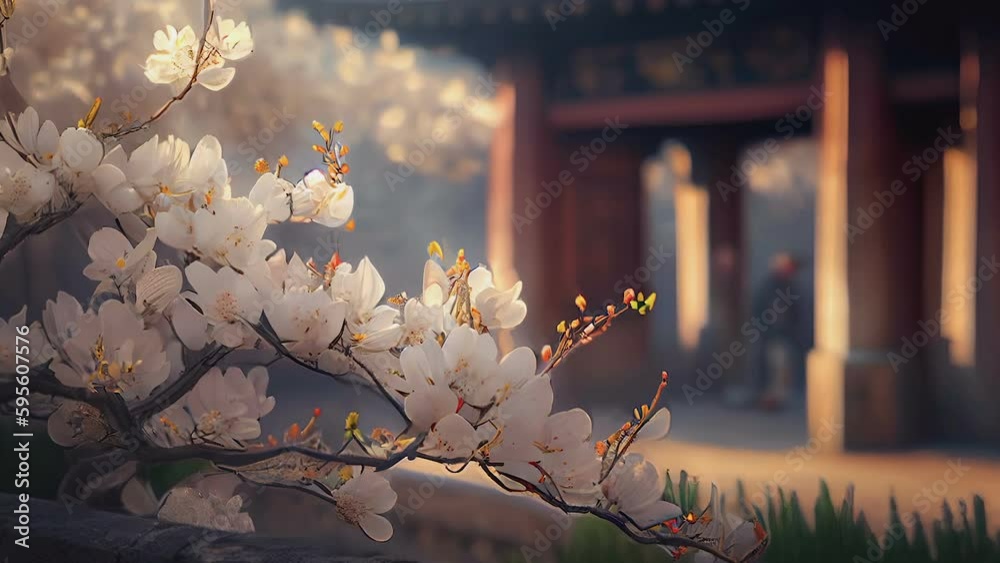 The white flowers of the trees outside the temple as seen on a closer look AI generated
