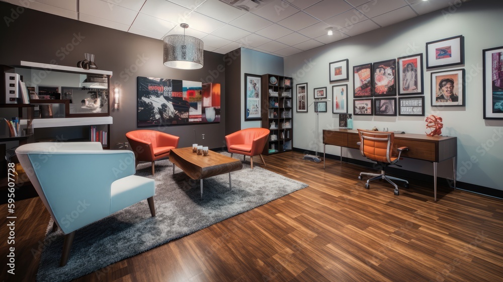 Obraz premium Trendy and Colorful Interior Shot, Executive's Private Office, Stylish Workspace, Vibrant Design, Generative AI Illustration