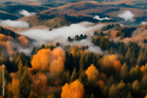 landscape with fog, misty morning in the mountains, Mystic forest, AI generated  © Thorsten