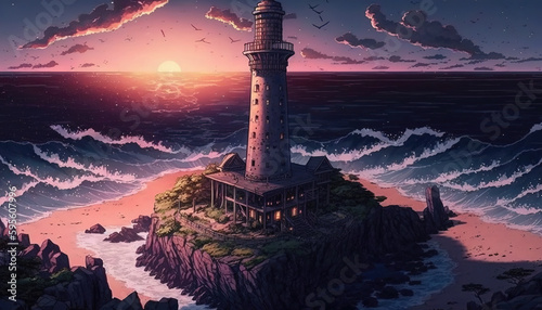 a lighthouse at the beach at night, anime artwork, generative ai technology
