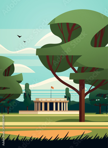 front view of administrative governmental traditional classic building with columns public summer city park