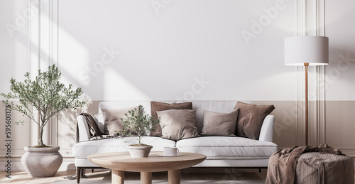 Modern living room design, minimal home decor with white sofa and neutral colors, interior mockup, 3d render 