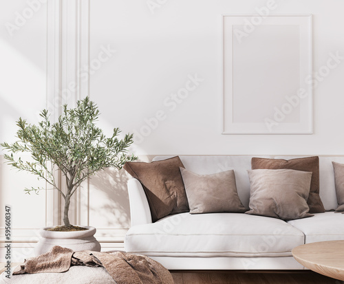 Modern living room design, minimal home decor with white sofa and neutral colors, interior mockup, 3d render 