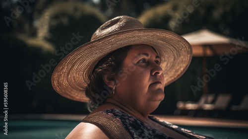 Plus sized elder woman grandmother wearing straw hat sunbathing at the pool, body positivity - Generative AI