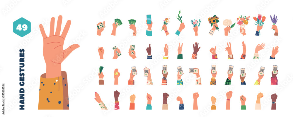 Big Set of Human Hands Holding Money, Smartphone, Flowers, Showing Qr Code, Gesturing, Writing Icons Collection