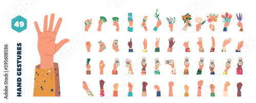 Big Set of Human Hands Holding Money, Smartphone, Flowers, Showing Qr Code, Gesturing, Writing Icons Collection