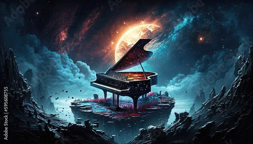 a scifi inspired music illustration of a piano in space, galaxy wallpaper style, generative ai technology