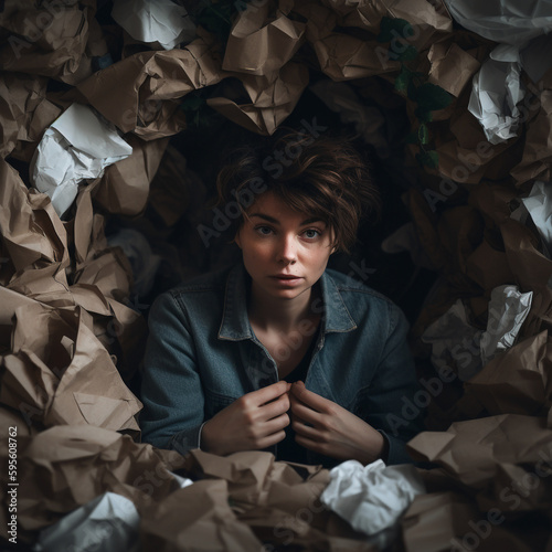 Depiction of depression, a man sorrounded by clumps of papers, mental health awarenes - Generative AI