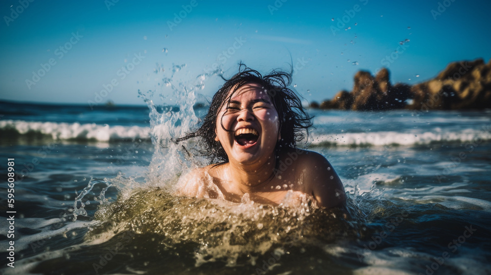 Young plus sized asian woman having fun and splashing in the ocean at the beach in sunlight