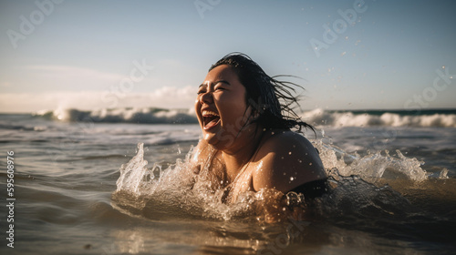 Young plus sized asian woman having fun and splashing in the ocean at the beach in sunlight - Generative AI