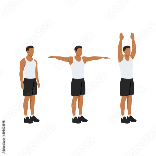 Man doing double arm side or lateral raises to overhead extension exercise.